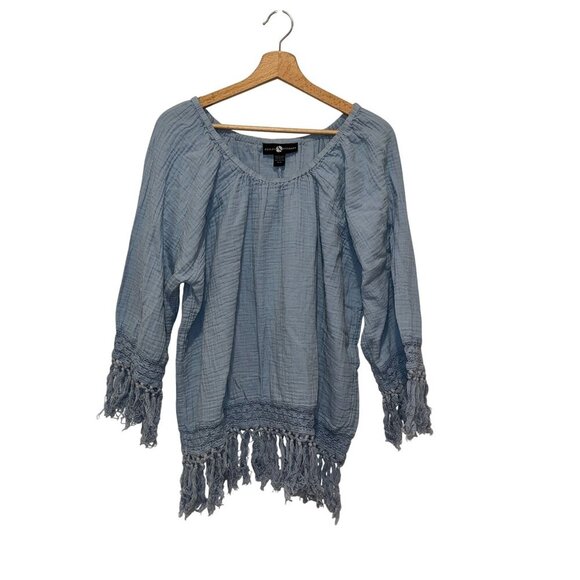 Ashley Stewart Light Blue Fringe Hem Boho Peasant Tunic Top Women's Size 14/16 - Picture 1 of 9